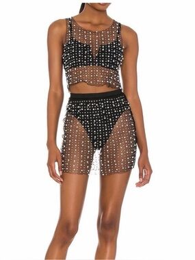 Beach Bunny Black Sheer Two-Piece Set Bikini Cover-up with White Pearls, Medium